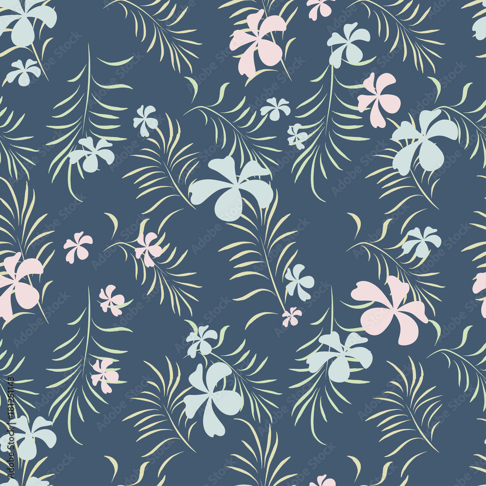 Tropical seamless pattern with exotic palm leaves and tropical flower. Hawaiian style. Vector illustration. Tropical seamless pattern with exotic palm leaves and tropical flower. Hawaiian style. Vector illustration.