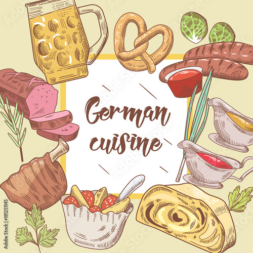 German Traditional Food Hand Drawn Background. Germany Cuisine Menu Template. Food and Drink. Vector illustration