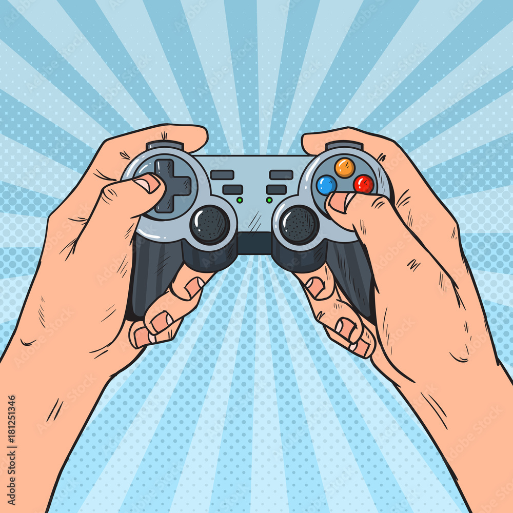 Pop Art Man Holding Gamepad. Male Hands with Joystick Console. Video Game.  Vector illustration Stock Vector | Adobe Stock