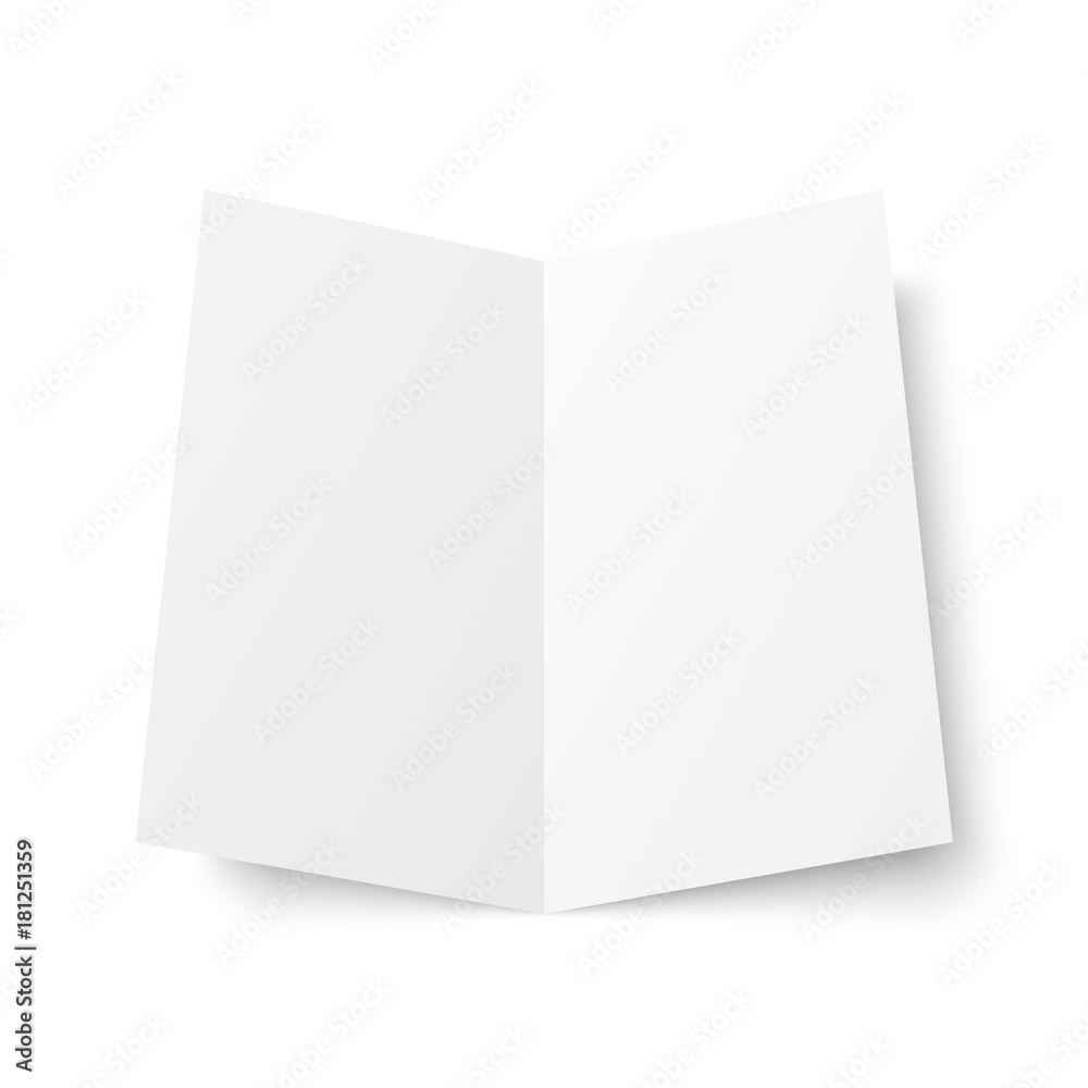 Vector blank white twofold booklet opened on white background. Front side. Two folded paper sheet in A4. Mock up of empty cover or flyer isolated. 3D illustration Vector blank white twofold booklet opened on white background. Front side. Two folded paper sheet in A4. Mock up of empty cover or flyer isolated. 3D illustration
