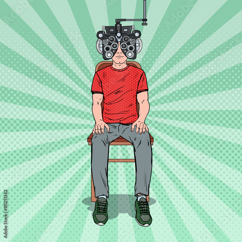 Pop Art Man Patient at Optometric Clinic with Optical Phoropter. Eye Diagnostics. Vector illustration
