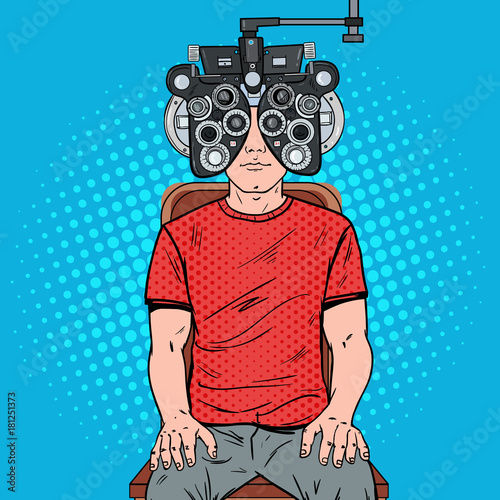 Pop Art Man Patient at Optometric Clinic with Optical Phoropter. Eye Examination. Vector illustration