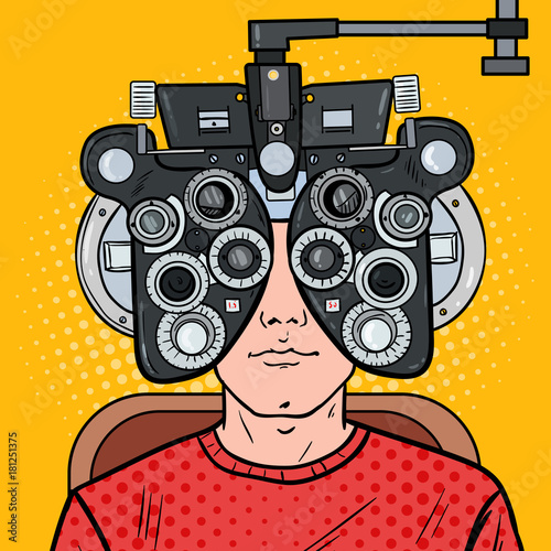 Pop Art Man Patient at Optometric Clinic with Optical Phoropter. Eye Exam. Vector illustration