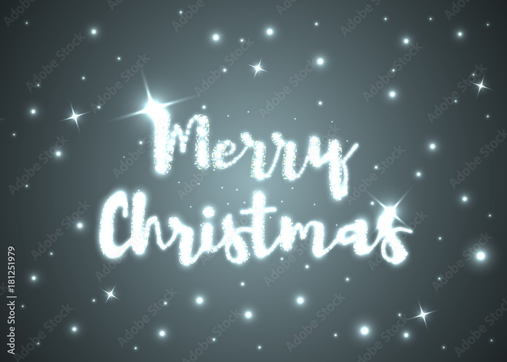 Merry Christmas. Shining text on dark background with sparks and stars. Vector illustration