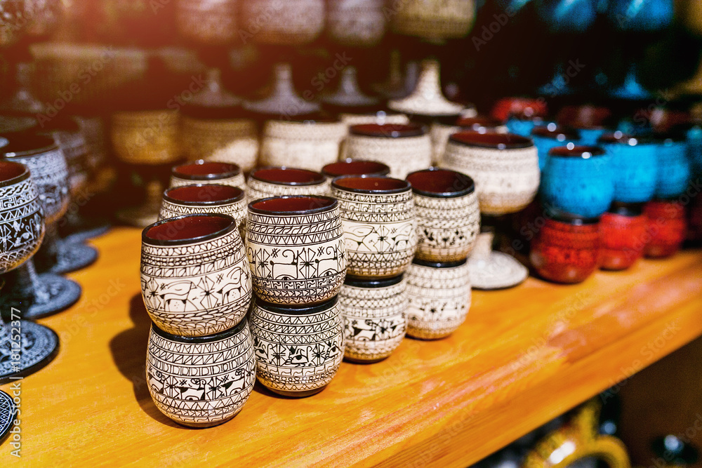 Collection of Traditional Turkish ceramics souvenirs on sale at the market in Istanbul, Turkey.