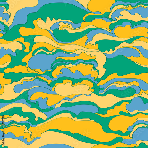 Pattern with the image of the cream texture of green, orange and blue shades. Abstract background.