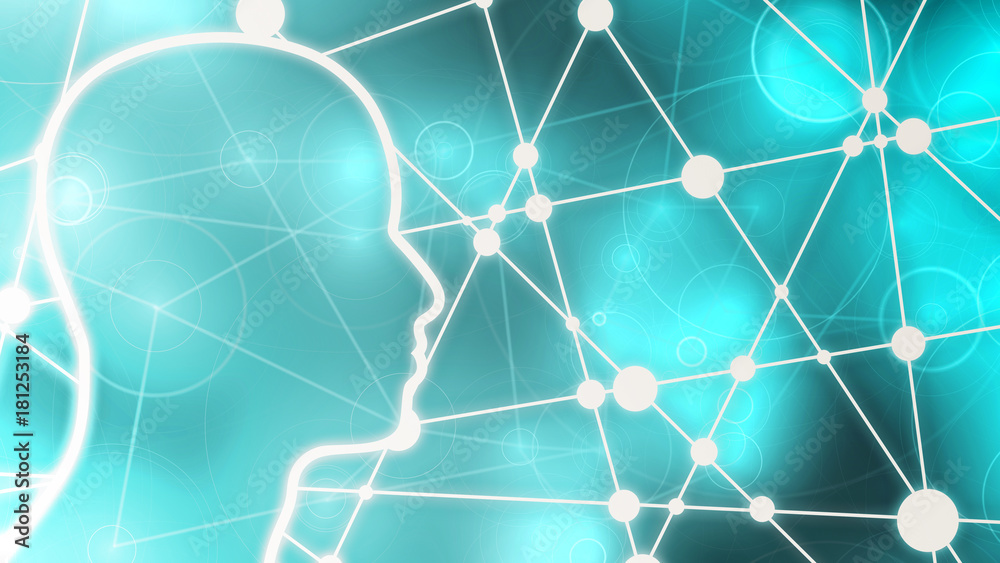 Silhouette of a man's head. Mental health relative brochure, report design template. Scientific medical designs. Connected lines with dots. Glitter vintage lights background Silhouette of a man's head. Mental health relative brochure, report design template. Scientific medical designs. Connected lines with dots. Glitter vintage lights background