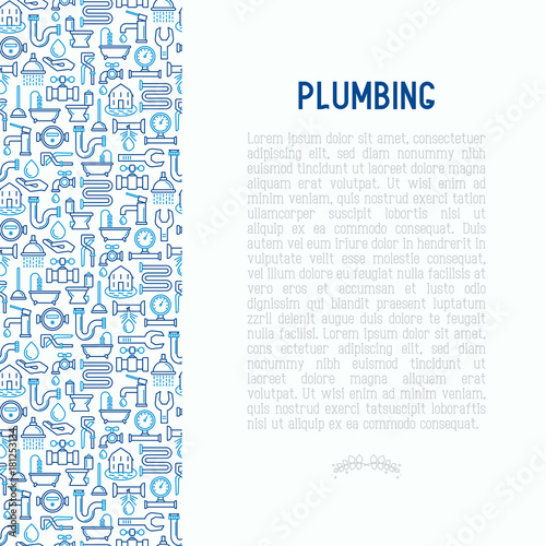 Plumbing concept with thin line icons of bathtub, shower, pipe, wrench, drop, leakage, meter, plunger. Modern vector illustration for banner, web page, print media.