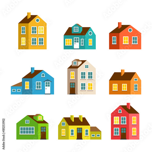 Small and big flat cartoon houses. Isolated vector set. Cute bright children illustration.