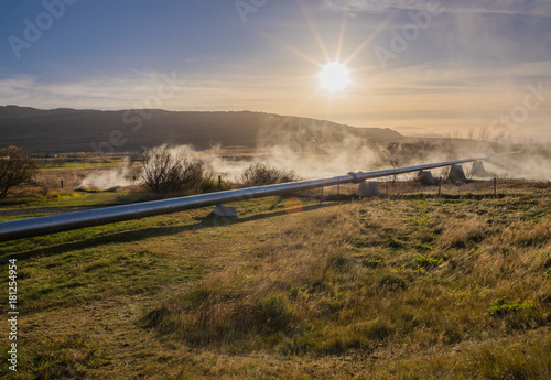 Geothermal Pipe in Landscape with Steam