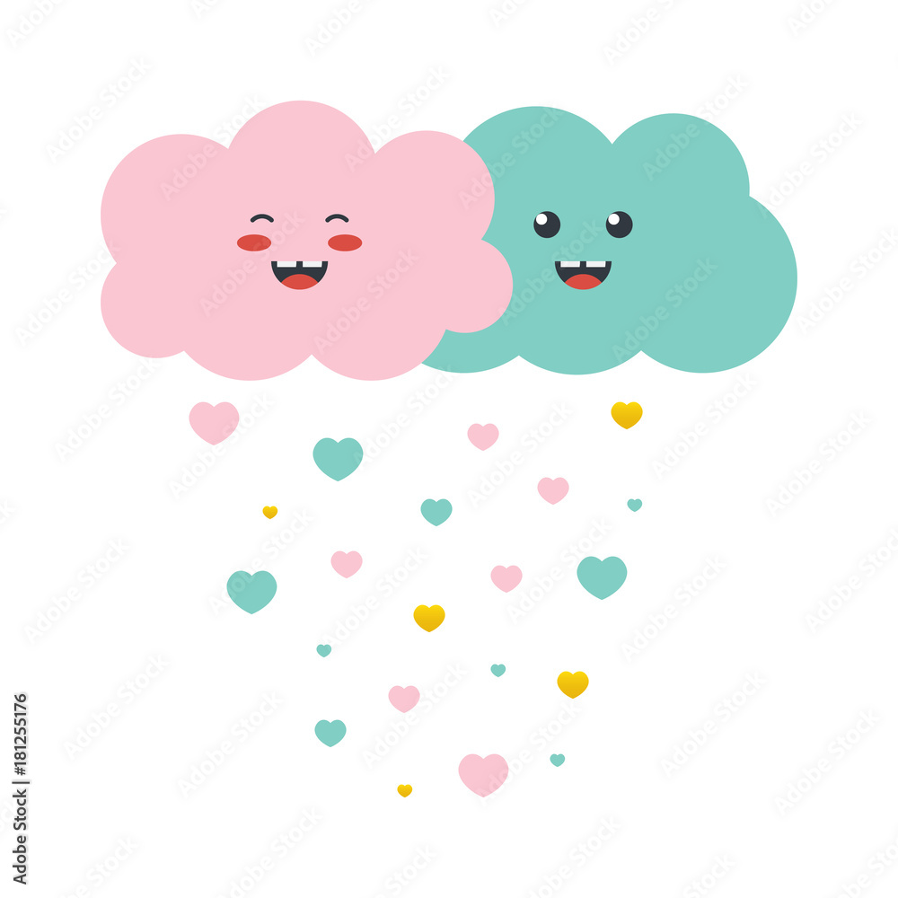 Couple of cute smiling clouds with colorful hearts isolated on white background.