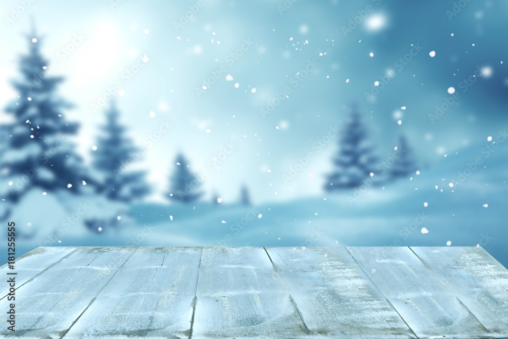 Merry christmas and happy new year greeting background with table
