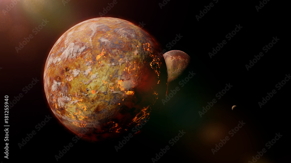 Naklejka premium alien lava planet with moon lit by a bright star