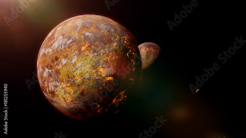 Fototapeta Naklejka Na Ścianę i Meble -  alien lava planet with moon lit by a bright star