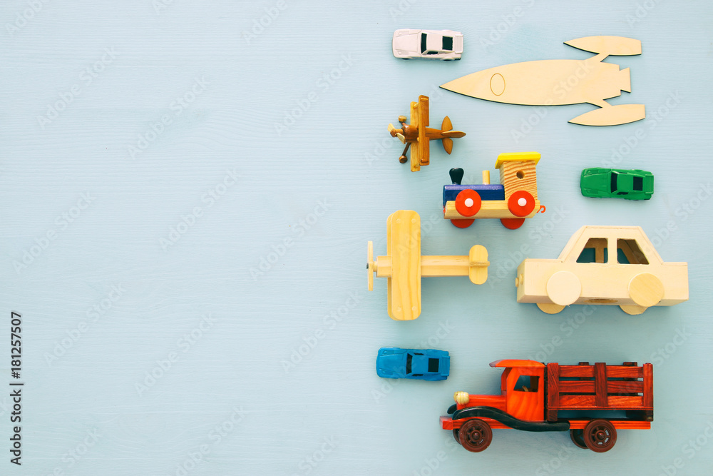 Set of various cars and airplanes toys. Top view image.