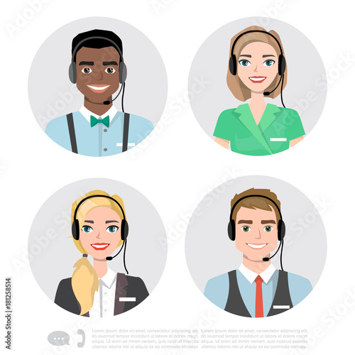 Call Center Operator Icons. Vector Cartoon Illustration