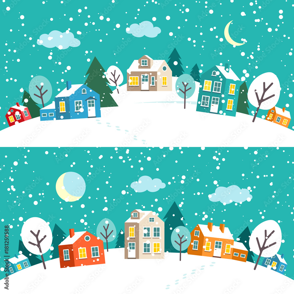 Winter Christmas town. Snowy village landscape. Merry Christmas and Happy New Year card and banner. Vector flat cartoon illustration.
