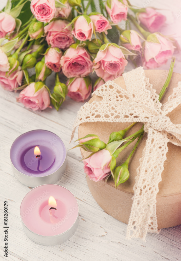 Pink roses with gift box and candle Pink roses with gift box and candle