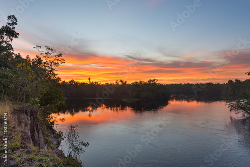 Beautiful sunrise on the Autana river  in the amazonian jungle  in Venezuela