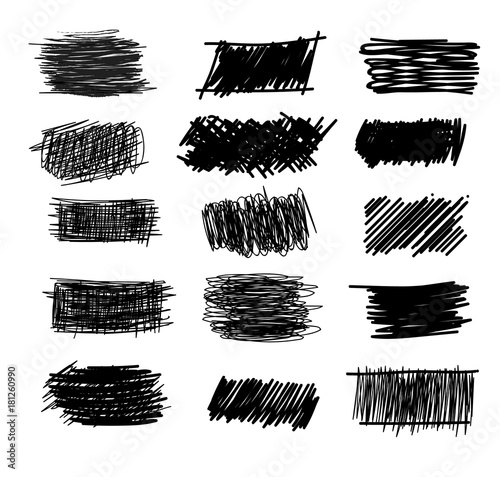 Set of simple bold hatching doodle lines, curves, frames. Pencil collection sketch isolated on white. Vector marker line blots set. Hand drawn black grunge scribble backgrounds for your design.