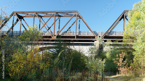 Panoramic view of Winters' famous Historic Trestle Train Bridge, viewed from the Putah Creek watershed, in the Autumn of California 