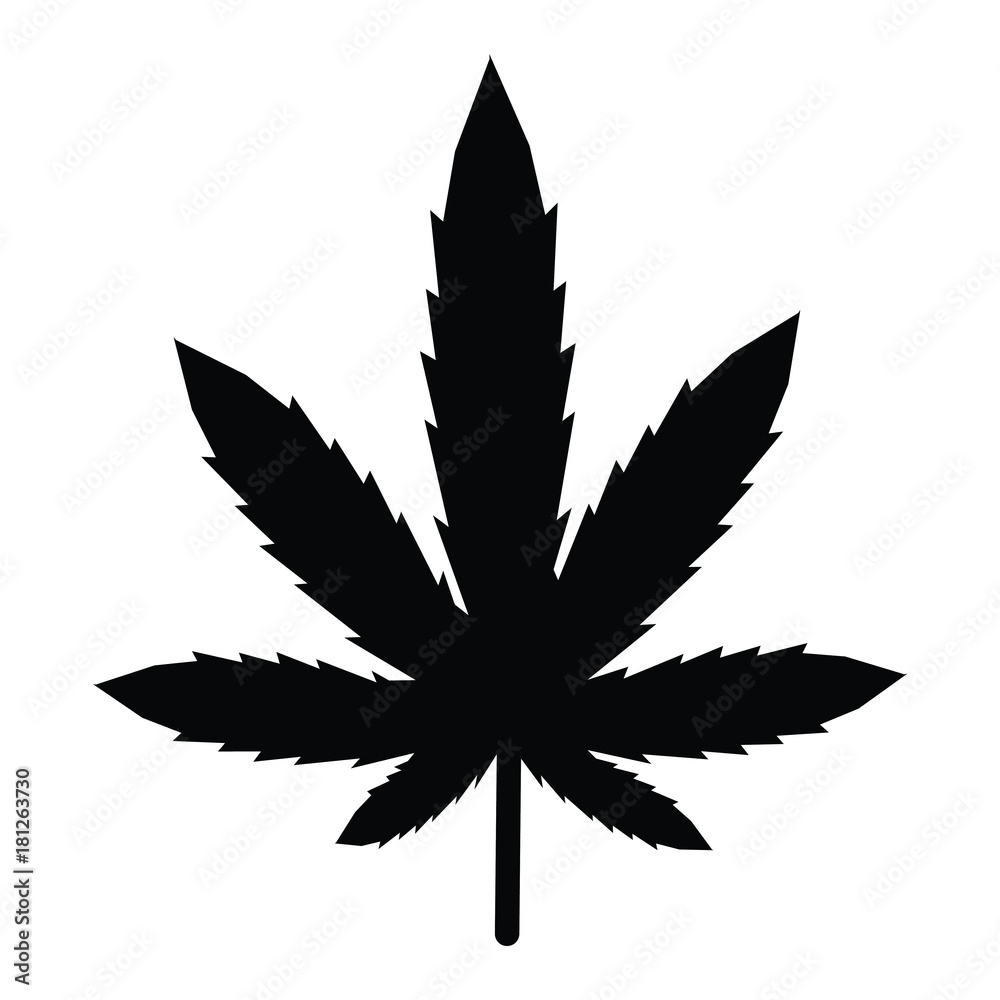 A black and white silhouette of a cannabis leaf