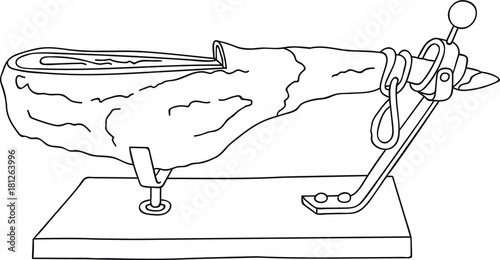 Hand drawn vector illustration Spanish dry-cured ham cut off on horizontal stand coloring page logo poster menu template