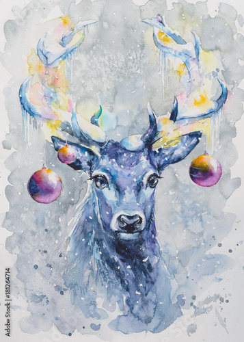 Watercolors painted Christmas card with cute deer decorated with bells.