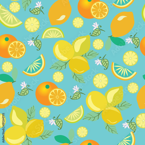 Pattern with lemons, flowers, leaves and Oranges.