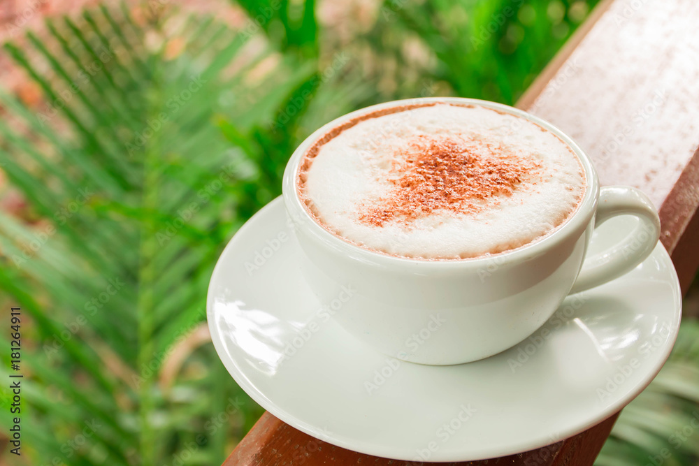 delicious hot coffee in the green garden, coffee cup delicious hot coffee in the green garden, coffee cup