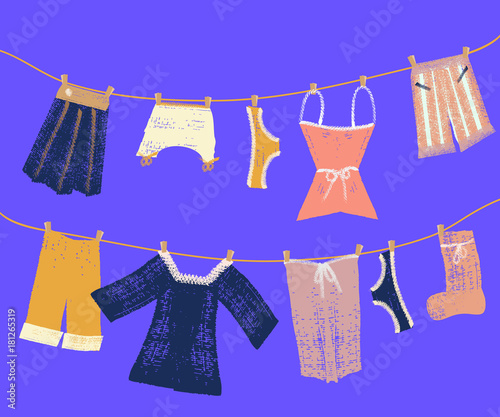 Colorful hanging clothes background. Creative and modern graphic design. Vibrant colors. Hand drawn brushstrokes texture.