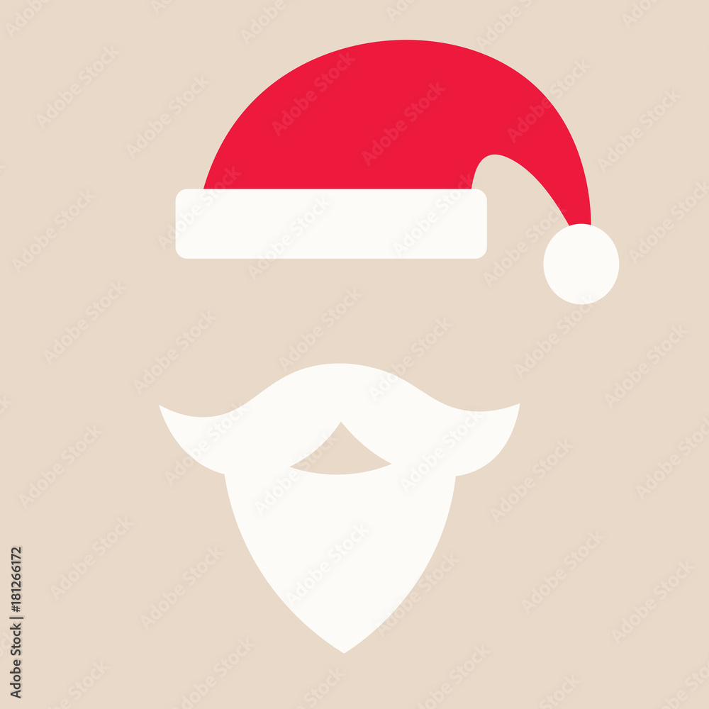 Red Cap with white pompon of Santa Claus and white mustache with a beard  isolated on beige background. Greeting card with Santa Claus hat, flat  style,icon. Festive Christmas poster. Vector. Stock Vector