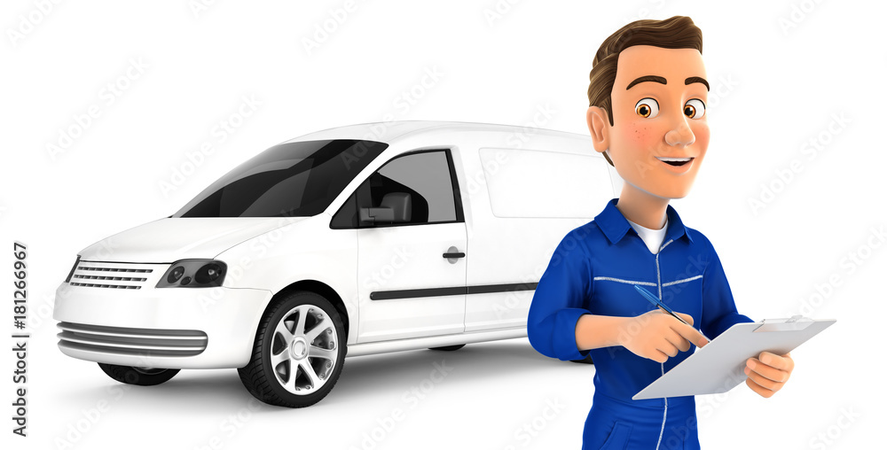 3d mechanic with notepad in front of car - obrazy, fototapety, plakaty 