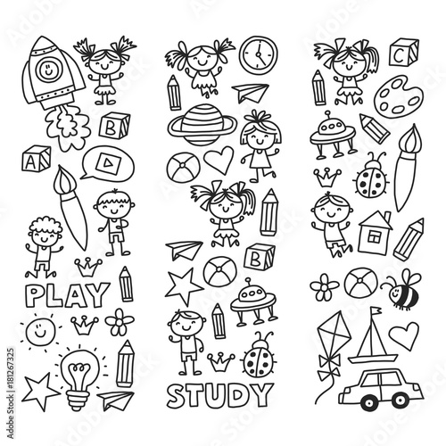 Kindergarten Nursery Preschool School education with children Doodle pattern Kids play and study Boys and girls kids drawing icons Space, adventure, exploration, imagination concept