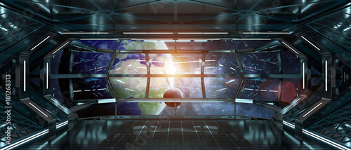 Fototapeta Naklejka Na Ścianę i Meble -  Spaceship interior with view on Earth 3D rendering elements of this image furnished by NASA