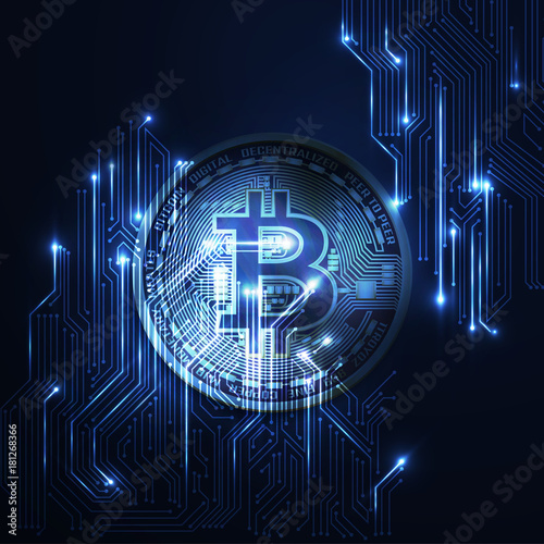 Bitcoin neon glowing logo.