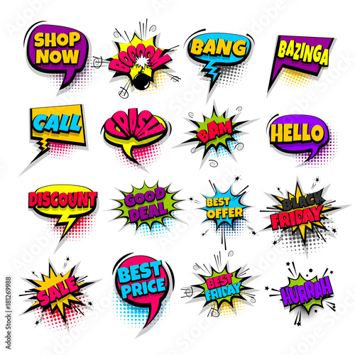 sale, bang, boom, price, offer set lettering. Comics book balloon. Bubble icon speech pop art phrase. Cartoon font label tag expression. Comic text sound. Vector illustration.