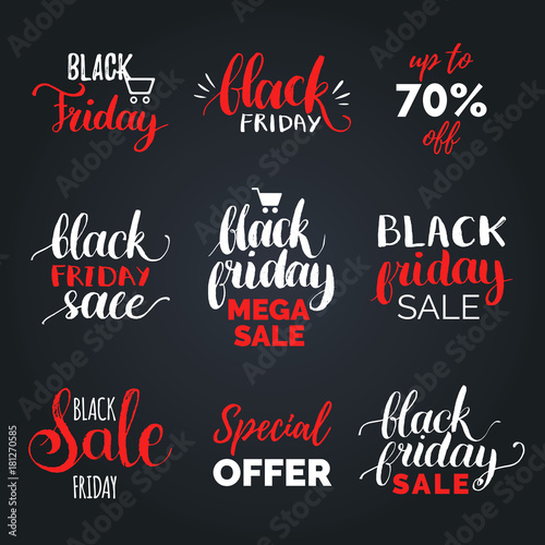 Vector handwritten Black Friday calligraphy set of Mega Sale etc. Lettering collection for discount cards or ad posters.