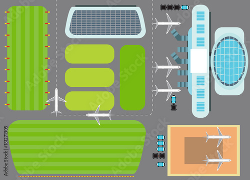 Airport with terminal, airplanes, service cars