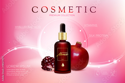 Advertising poster for cosmetic product for catalog, magazine. Vector design of cosmetic package. Anti-age serum, cream with pomegranate extract. Vector illustration with isolated objects