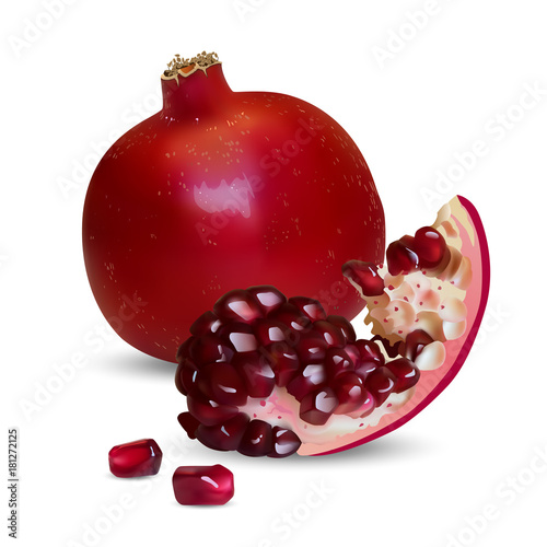 Vector illustration of a realistic pomegranate, whole and slice with individual grains