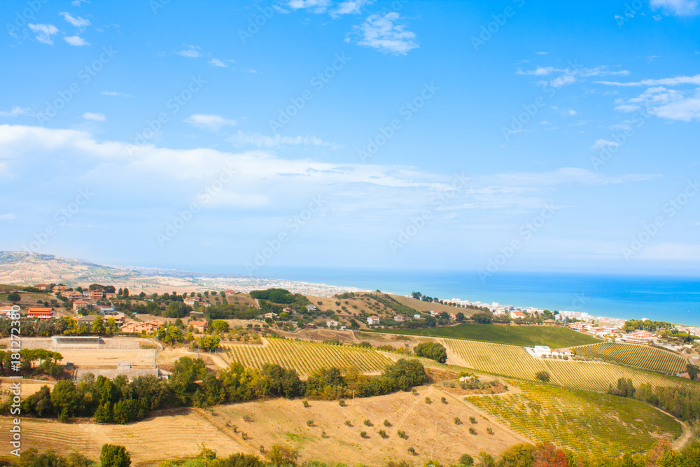 Italy Landscape View with Clouds on Blue sky, Italian Fields