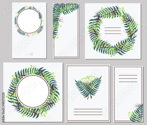 Variants of postcard templates with plant parts for events. Vector