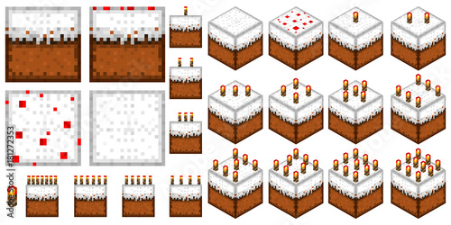 set the cakes in the style of minecraft (2D and 3D with a different number of candles)