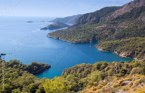 Panorama of beautiful lagoon on Lykian way in Olu Deniz, Turkey