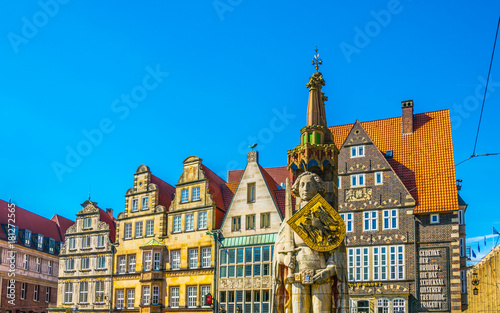 Colourful facades with bremer roland statue in Bremen, Germany.