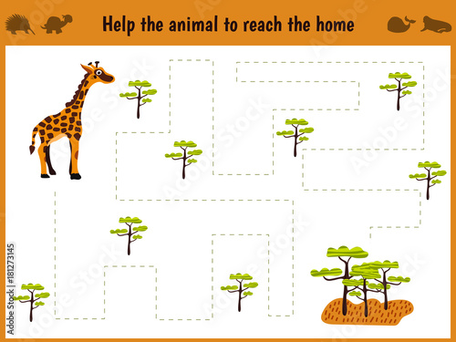 Cartoon illustration of education. Matching game for preschoolers to hold a wild animal giraffe home to sovanna. All pictures are isolated on white background. Vector