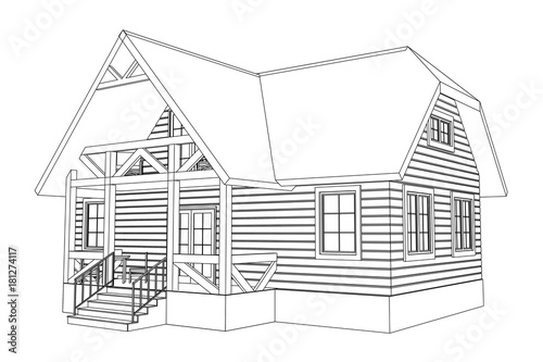 3D suburban wood house model. Drawing of the modern building. Cottage project on white background. Vector blueprint.