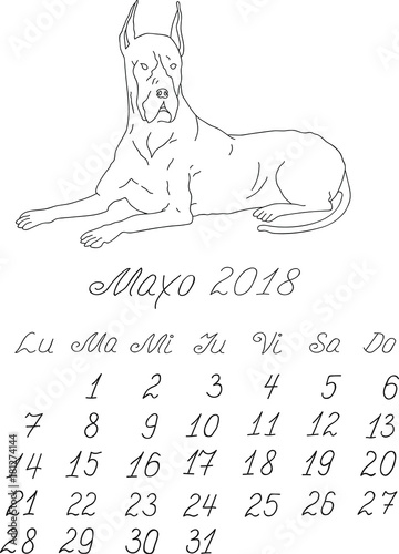Creative vector free hand drawn doodle monthly spanish calendar template for year 2018 with illustration of different dogs pedigrees. Lettering, typeface. May, great dane. Editable.