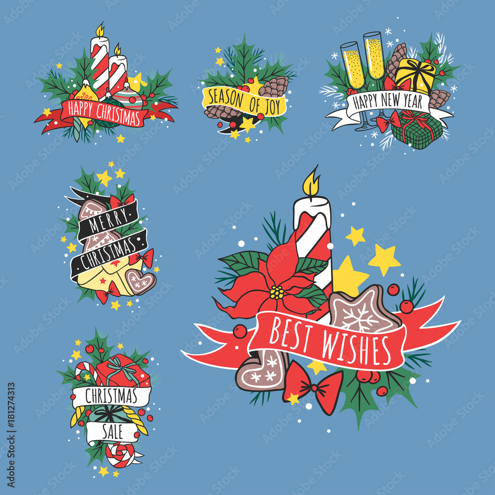 Christmas hand drawn tape badges style holiday season decoration vector logo illustration.